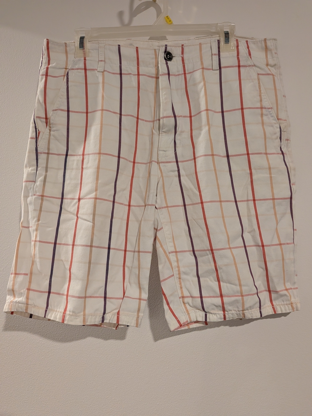 Levi's White Plaid Flat-Front Shorts with Red and Purple Stripes